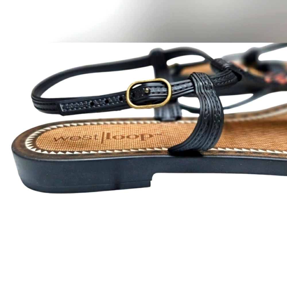 West Loop Western Aztec Shoes Rubber Beaded Black Rust Orange & Tan Sandals - Picture 4 of 8